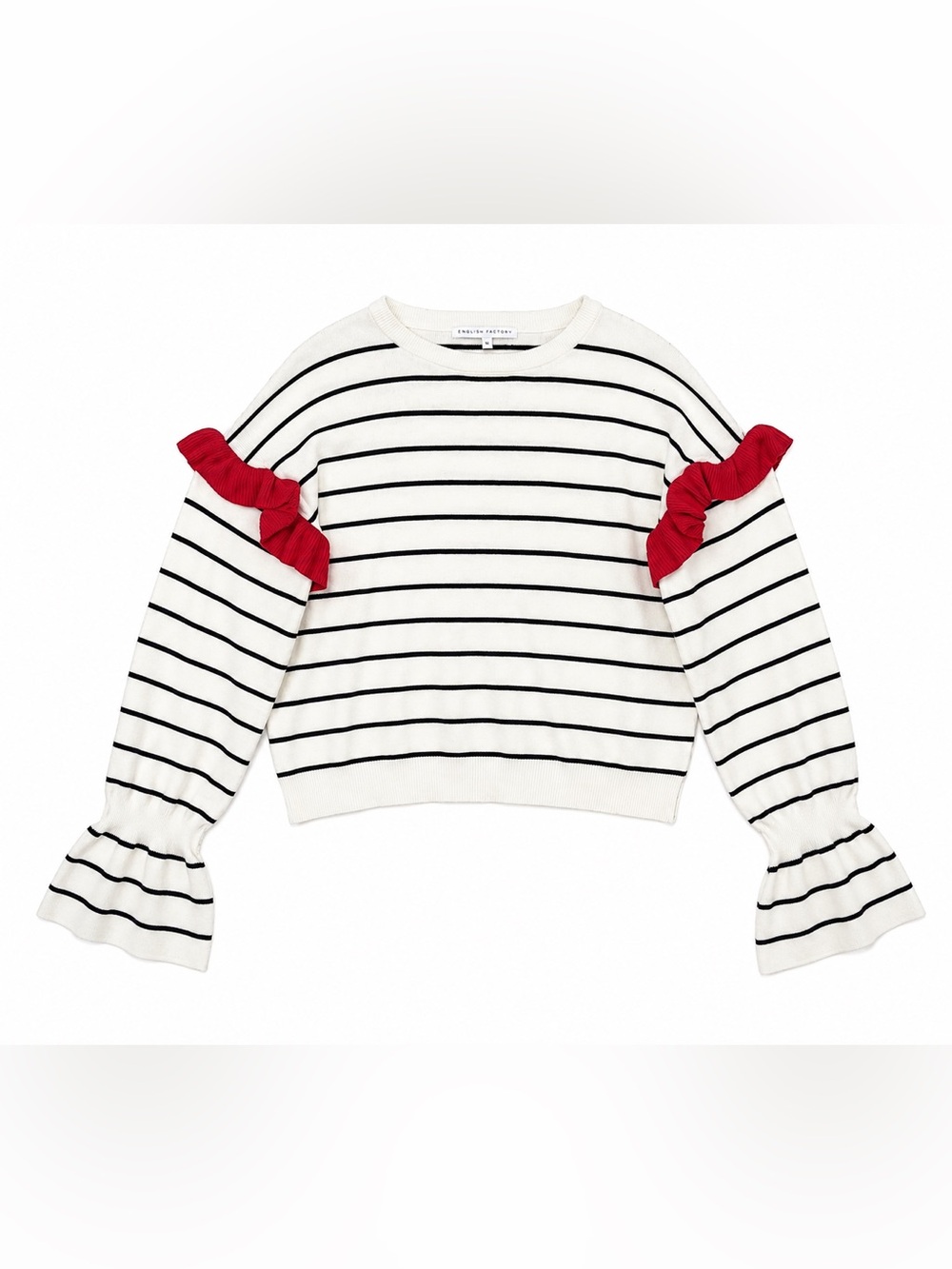 English factory - striped Ruffle Sweater - whimsygoth preppy - Cream Black Red M